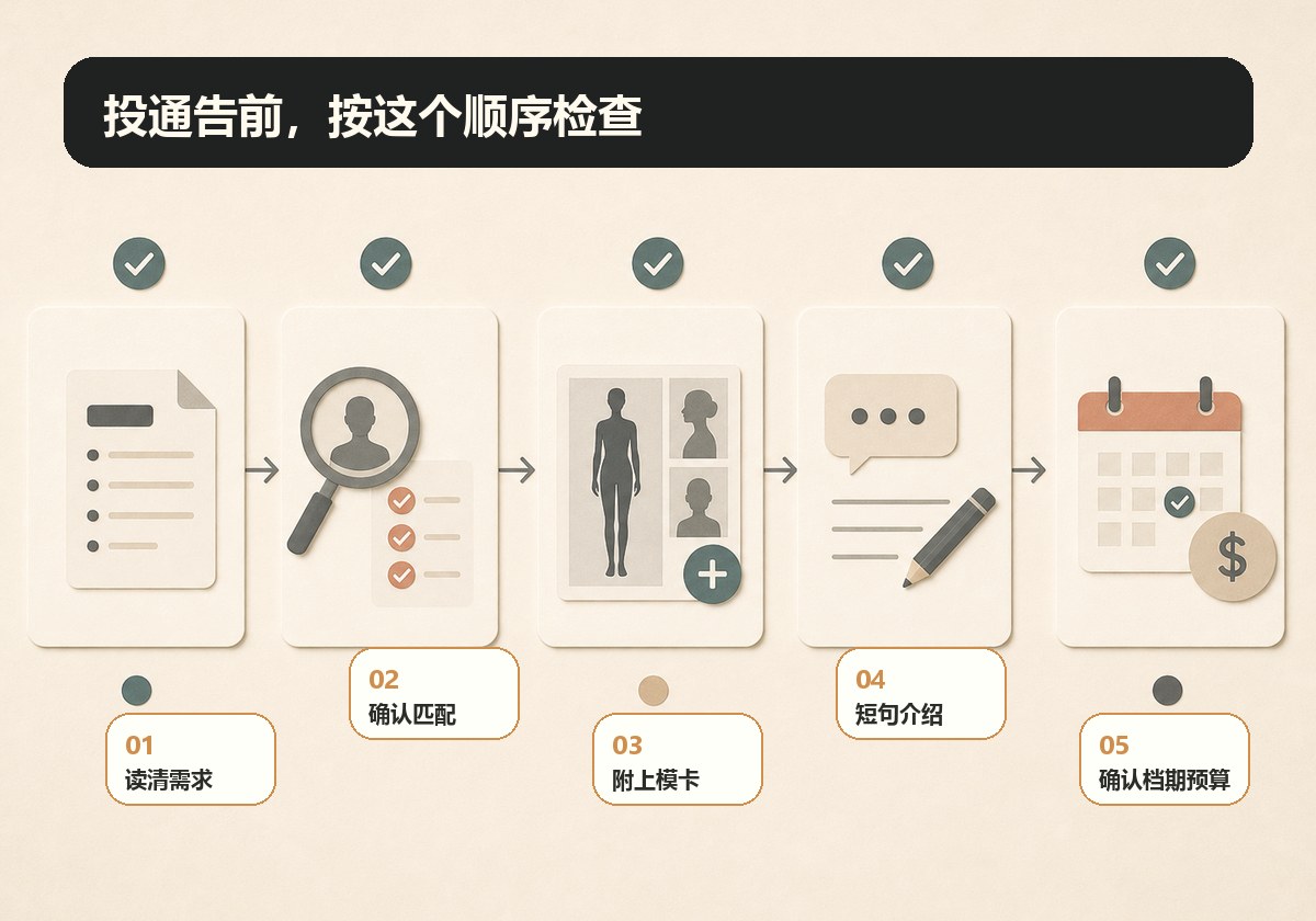 模卡做好后怎么投通告?新人别只发一张图插图1 模卡投递通告前需要检查需求匹配模卡介绍档期和预算