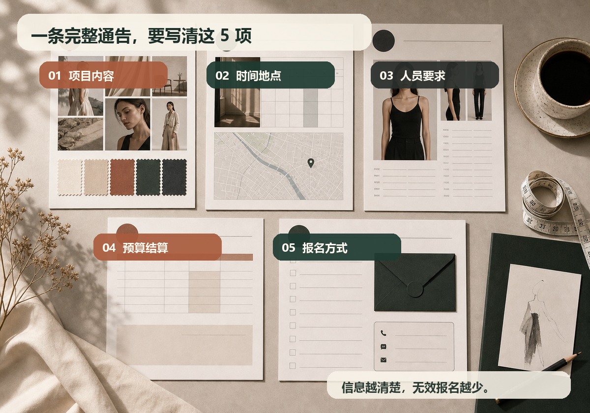模特招募通告怎么写?写清这5项,更容易招到合适的人插图1 模特招募通告应写清项目内容时间地点人员要求预算结算和报名方式