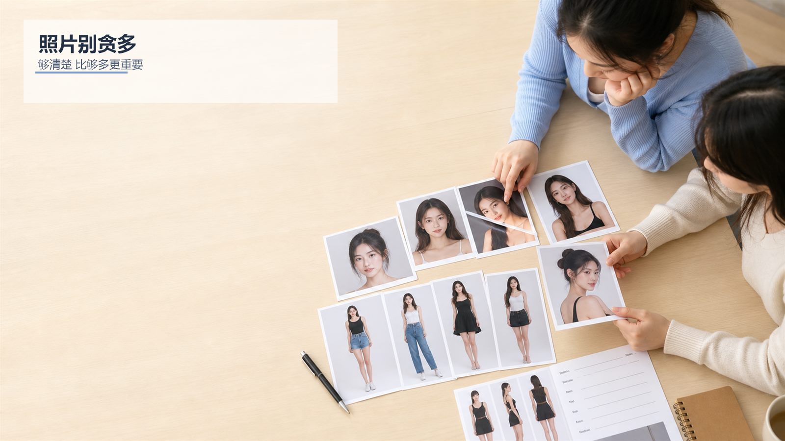 模卡制作要准备什么?新人第一次做模卡先看这 6 项插图1 新人在桌面上挑选适合放进模卡的照片和资料