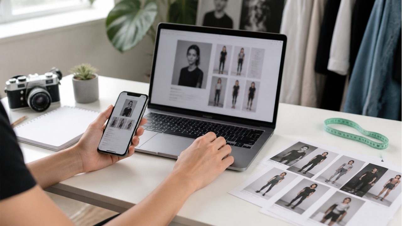 模卡制作 App 和网页版怎么选?照片整理、导出和通告投递场景插图 用手机和电脑对比模卡制作流程